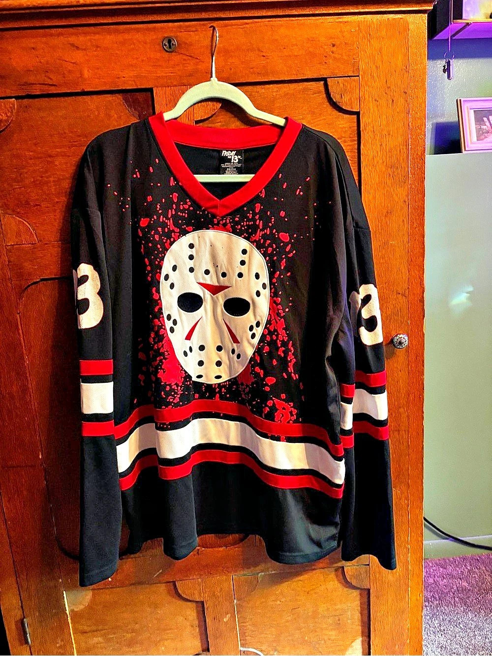 Friday the 13th Jason Voorhees Blood Splatter Hockey Jersey Black & Red XXL